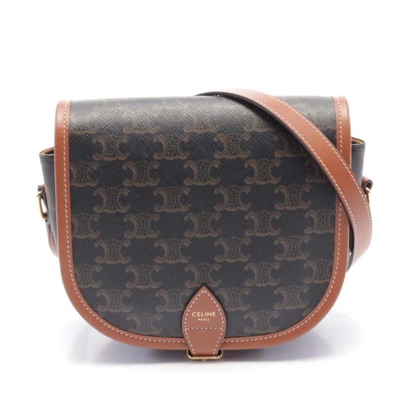 Luxury CELINE Falco Medium Triomphe Shoulder Bag PVC Leather Dark Gray Brown