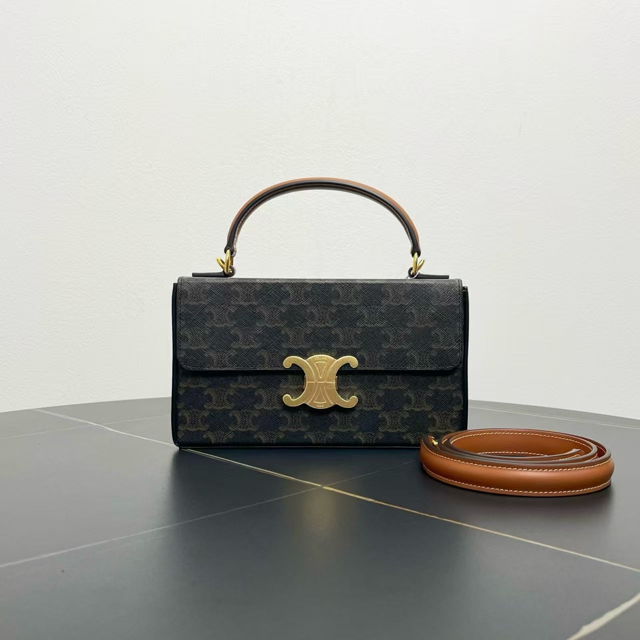 Luxury CELINE Triomphe Shoulder Bag in Black Monogram Canvas