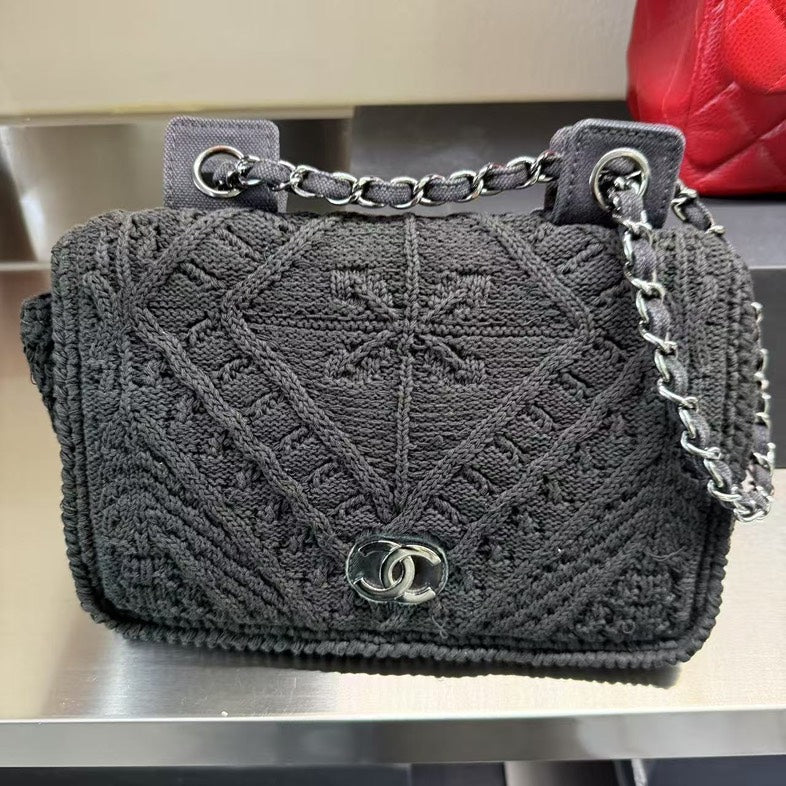 Chanel Black Knit Shoulder Bag -   Medium Crossbody with Silver Hardware