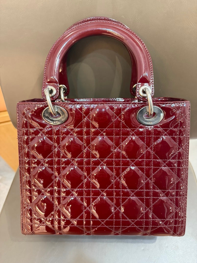 Lady Dior Patent Leather Wine Color Medium Size Handle Bag