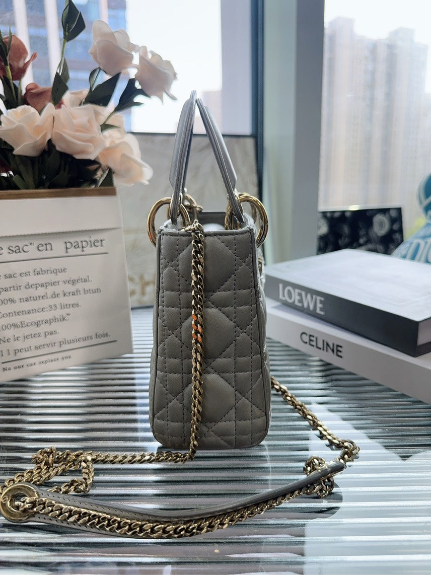 Dior Lady Dior Silver Leather Medium Shoulder Bag