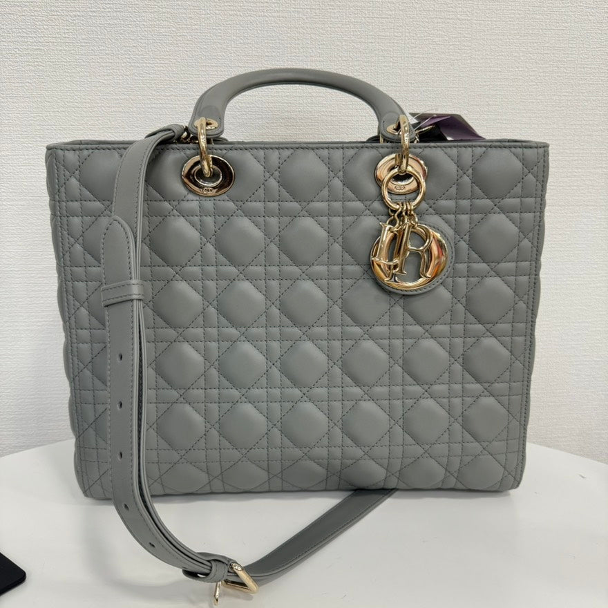 Dior Lambskin Lady Dior 2way Bag Large Gray FM0081