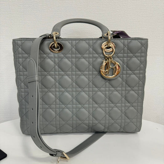 Dior Lambskin Lady Dior 2way Bag Large Gray FM0081