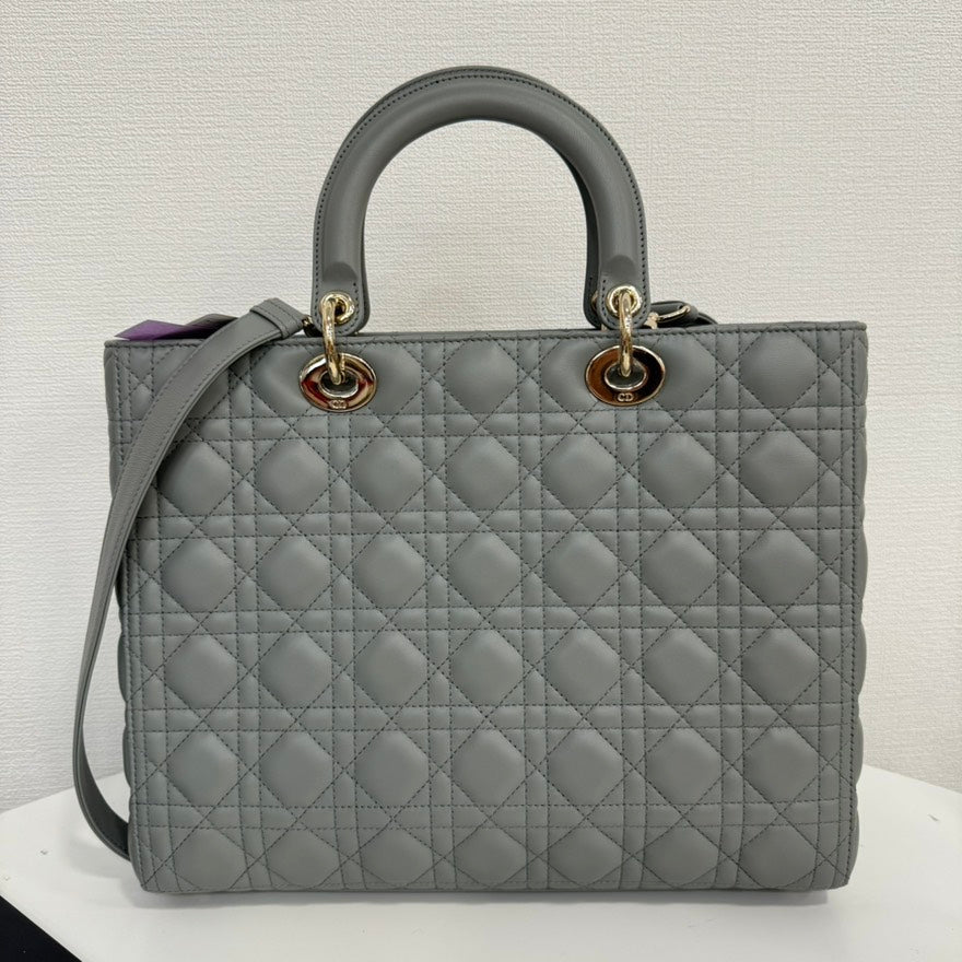 Dior Lambskin Lady Dior 2way Bag Large Gray FM0081
