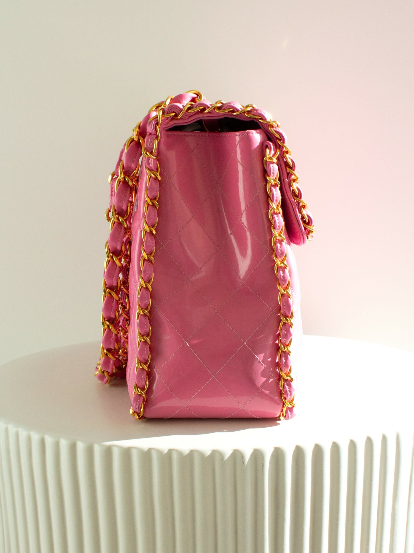 Chanel S/S1995 Barbie Pink 24K Gold Chain Around Patent Lambskin Jumbo XL 95P Bag