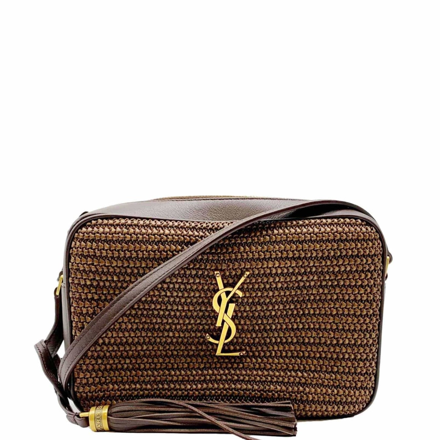 SAINT LAURENT Lou Camera Raffia Canvas Crossbody Bag Brown