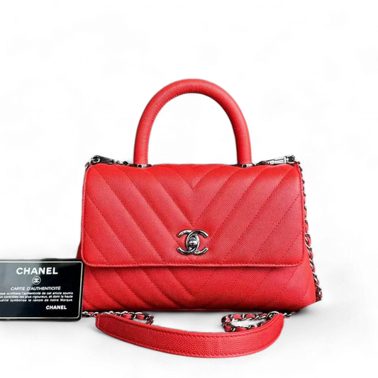 Chanel Caviar Small Coco Handle Chevron Calfskin Light Red Silver Hardware Series 28