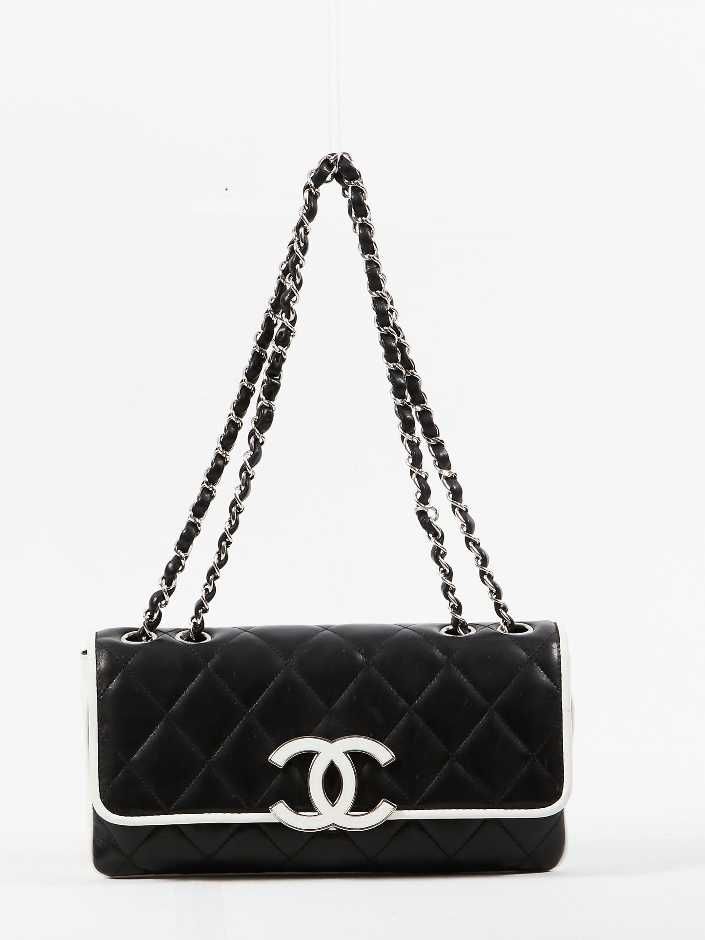 Chanel Black White Lambskin Fliplock CC Flap Shoulder Bag SHW