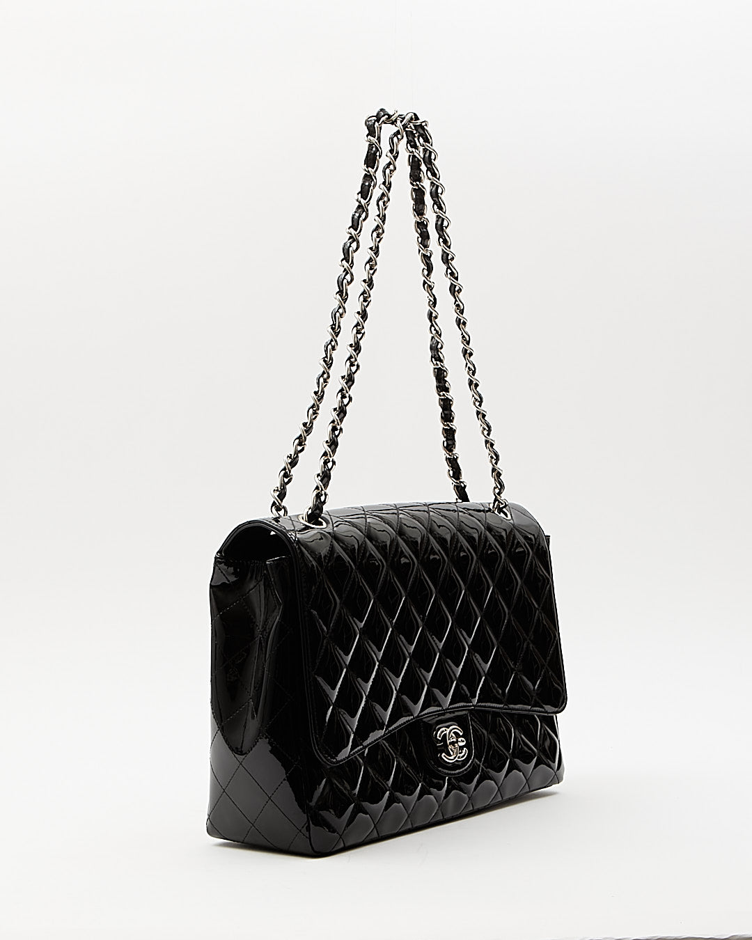 Chanel Black Patent Quilted Classic Single Flap Maxi Chain Bag