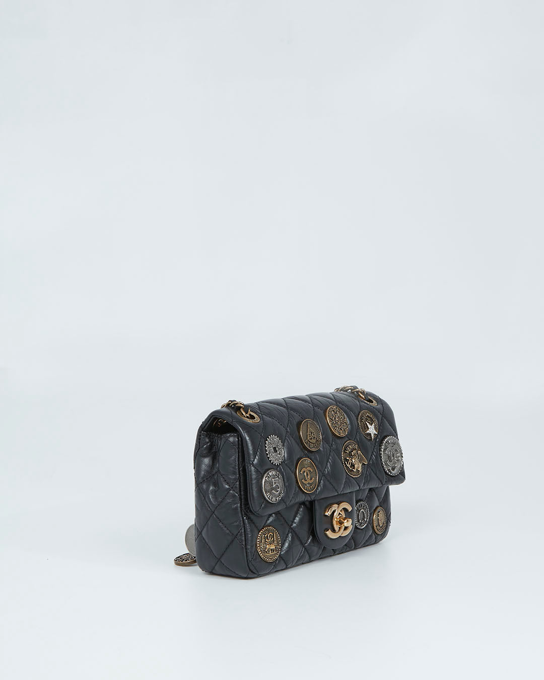 Chanel Black Aged Calfskin Coin Medallion Mini Flap Bag