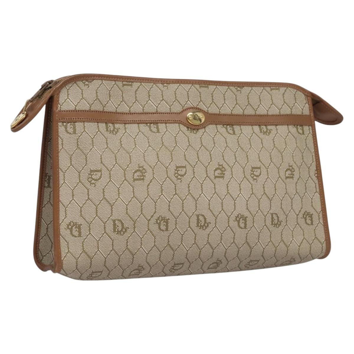 Christian Dior Honeycomb Zip Pouch Coated Canvas Beige Pvc Clutche & Pouche Bag  