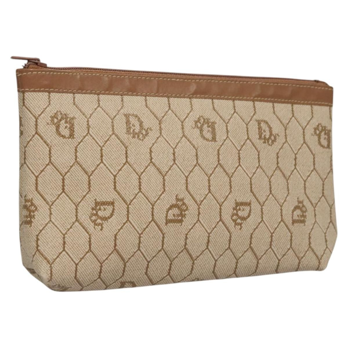 Christian Dior Honeycomb Zip Pouch Coated Canvas Beige Pvc Bag  