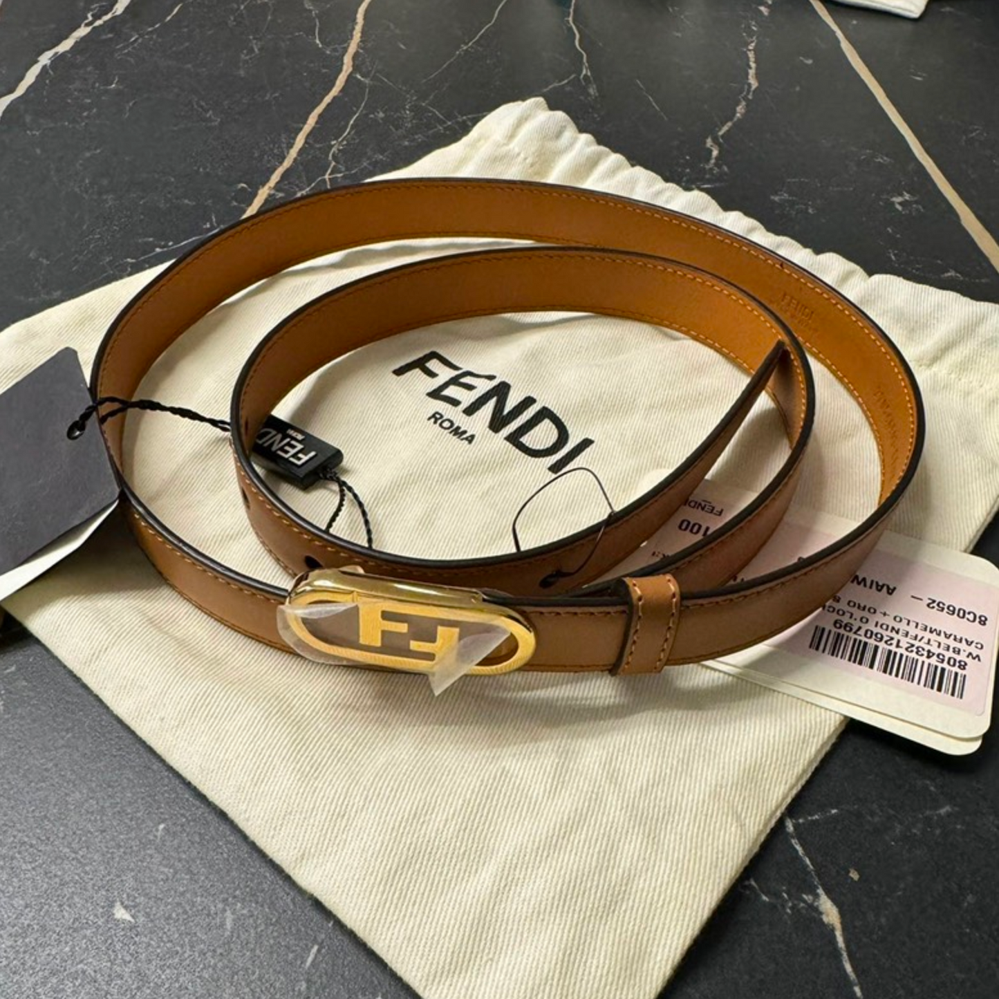 Fendi Double F Logo Leather Belt Brown