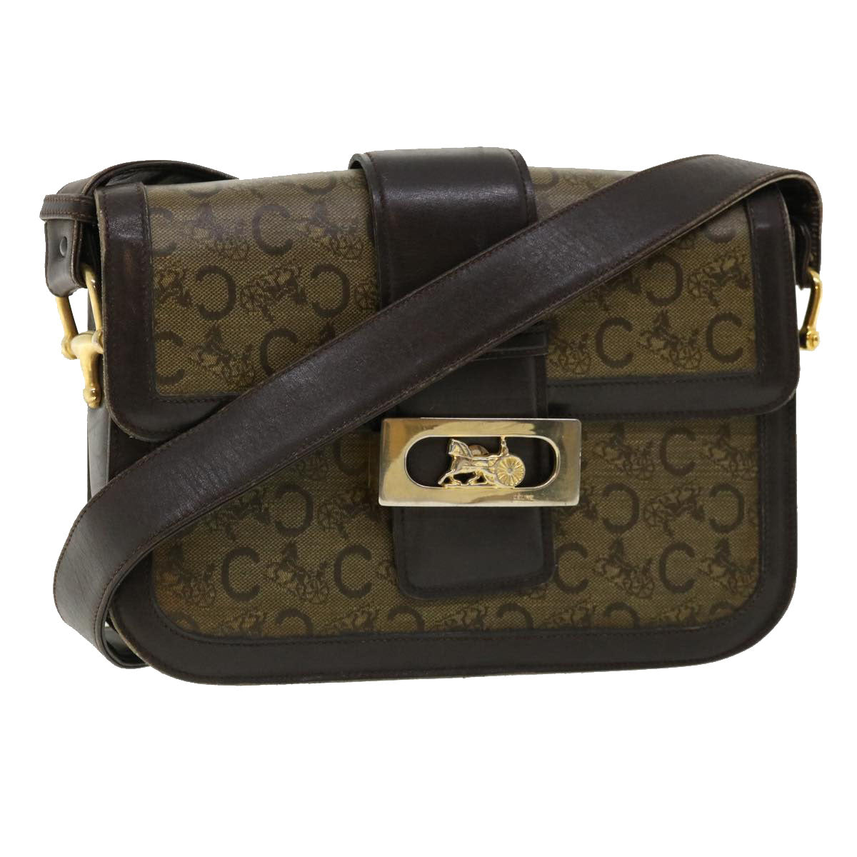 Luxury CELINE C Macadam Canvas Gold Horse Carriage Shoulder Bag Brown tb272