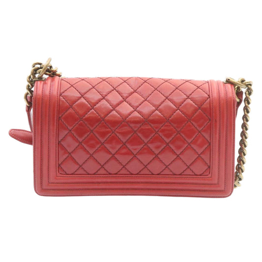 CHANEL Boy Matelasse Chain Flap Shoulder Bag Leather Red CC Auth knn010