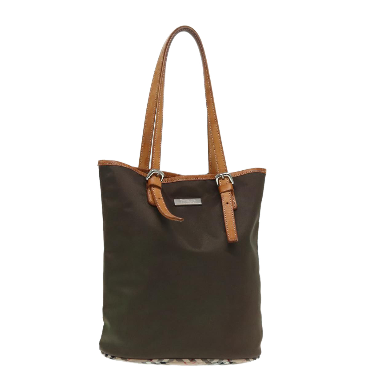 Burberry Nova Check Blue Label Tote Bag Nylon Beige Brown Silver Auth ti2015