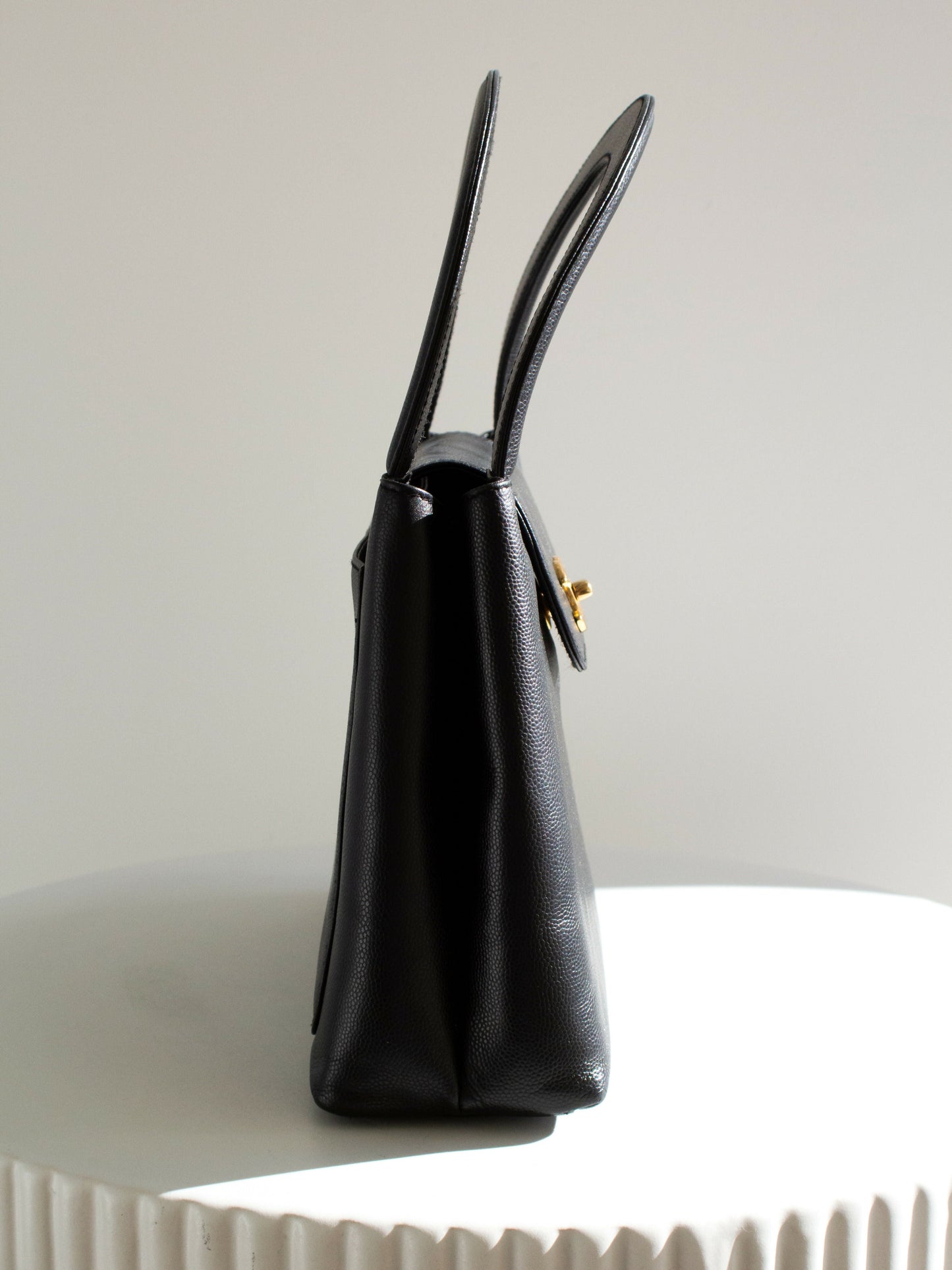 Chanel 1998 Kelly Black Caviar Leather 24K Gold Top Handle Bag
