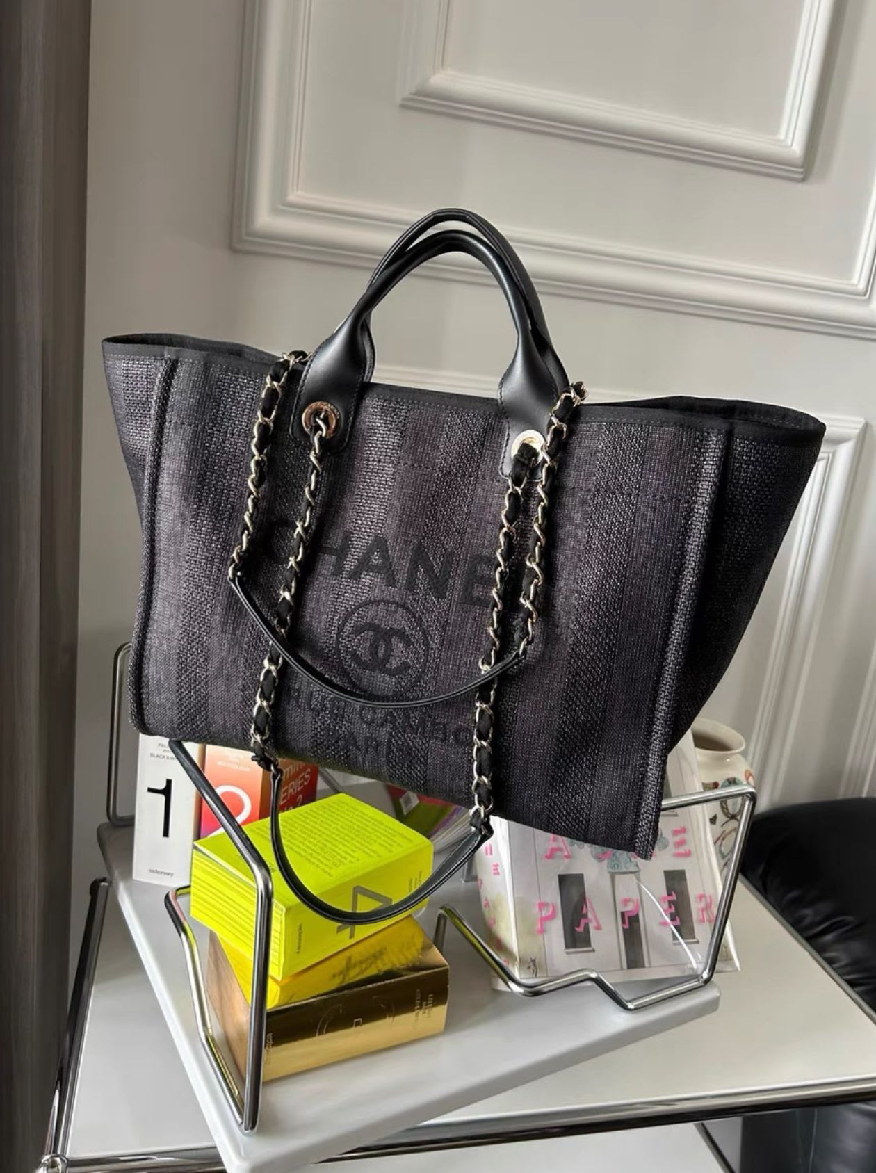 Chanel dark denim woven beach bag tote