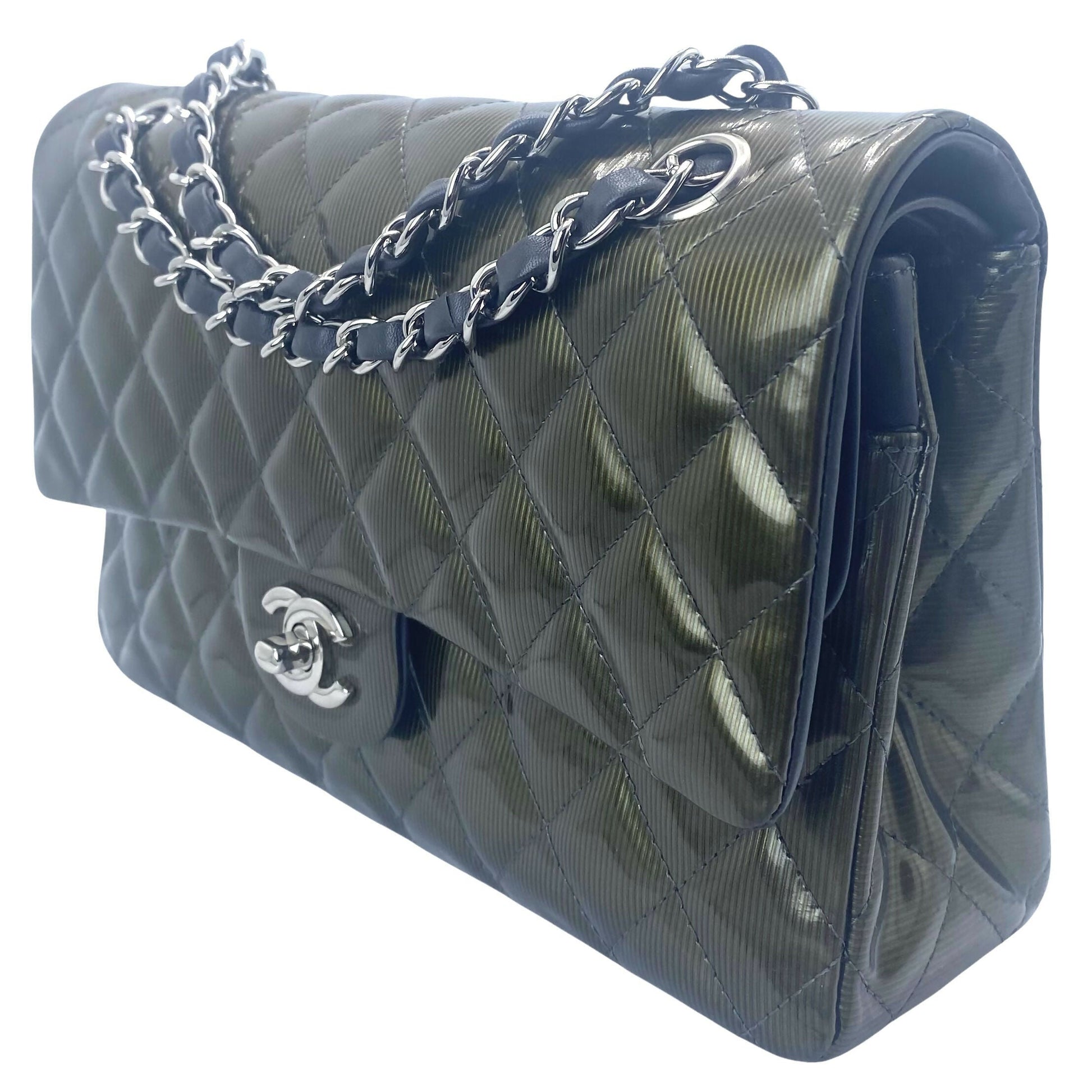 Chanel Medium Dark Green Straited Patent Leather Double Flap Timeless Classic Bag SHW
