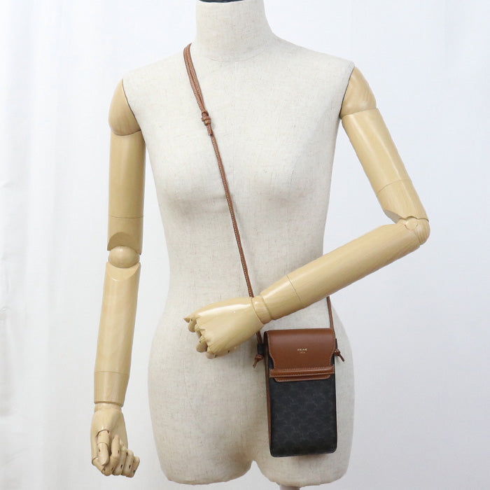 CELINE mobile pouch flap Shoulder Bag Triomphe canvas brown Women