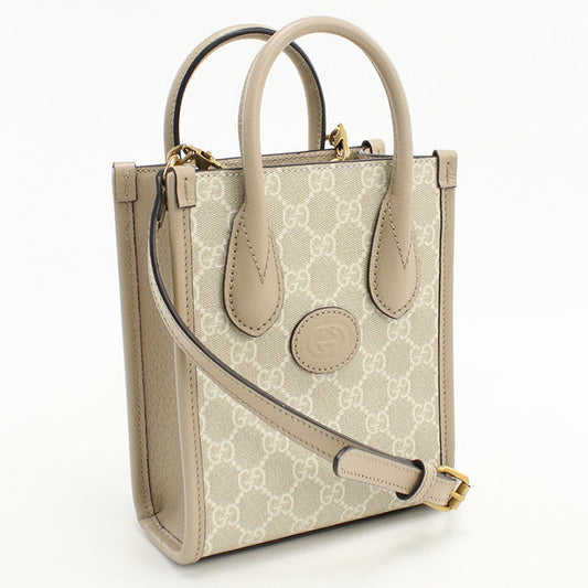 GUCCI 671623 Tote Bag Interlocking G Mini Tote Bag GG Supreme Canvas,leather beige Women