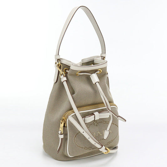 PRADA 1BH097 Handbag Logo jacquard Bucket Bag 2Way Handbag leather beige Women