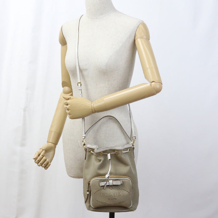 PRADA 1BH097 Handbag Logo jacquard Bucket Bag 2Way Handbag leather beige Women