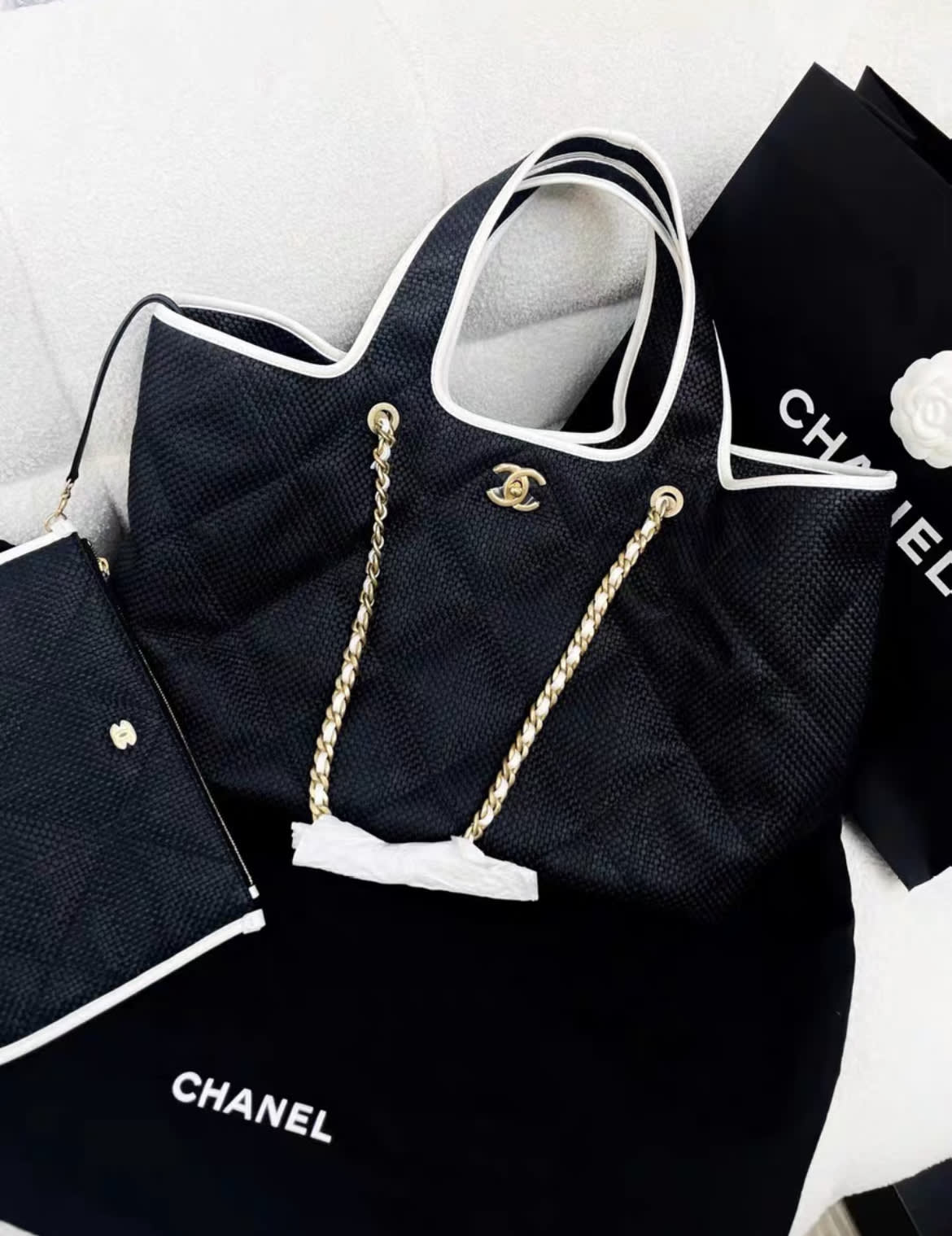 CHANEL 2023 Black Raffia Calfskin Coco Maxi Beach Shopping Tote w/ Pouch