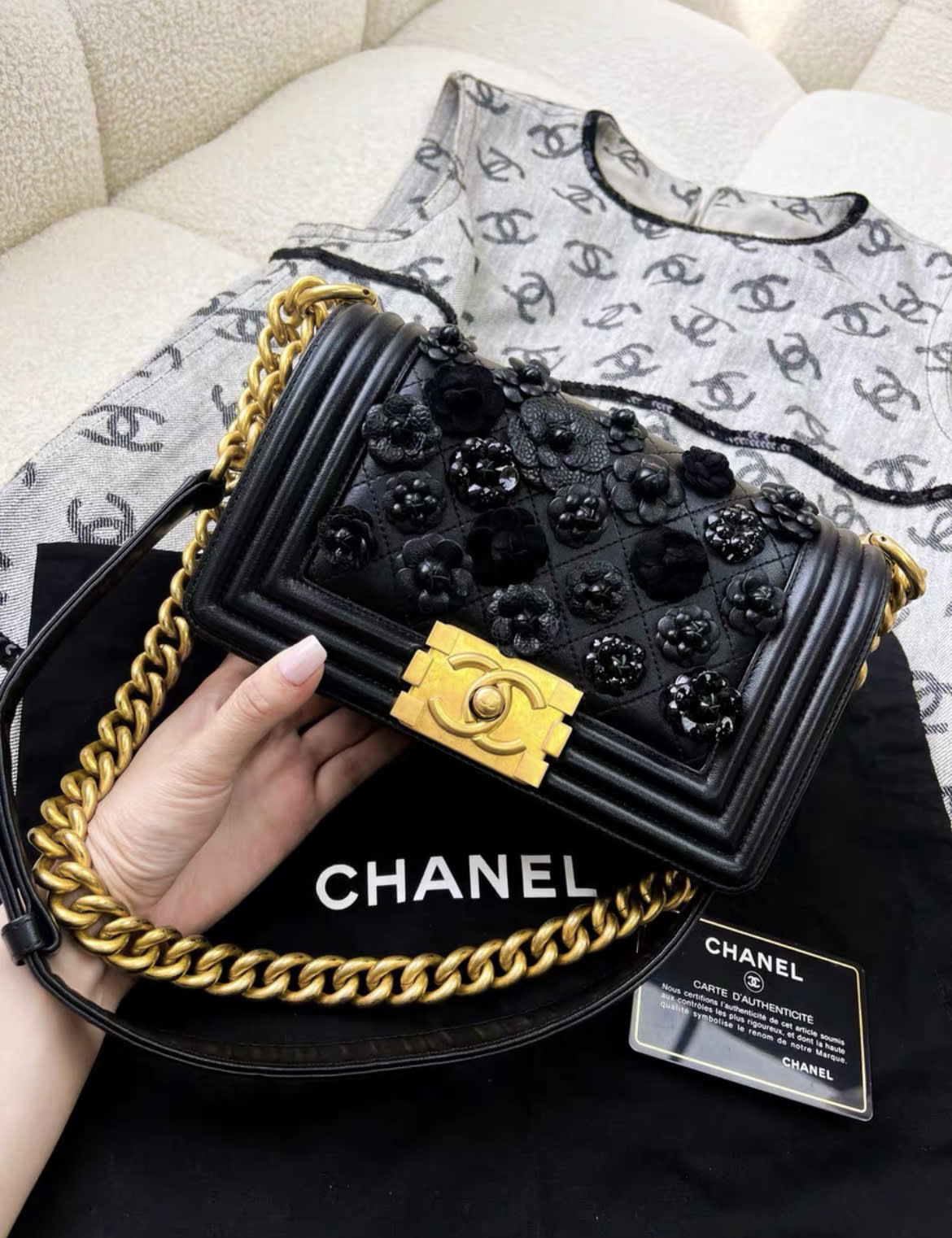 Rare Chanel limited edition leboy camellia flower black leather chain bag