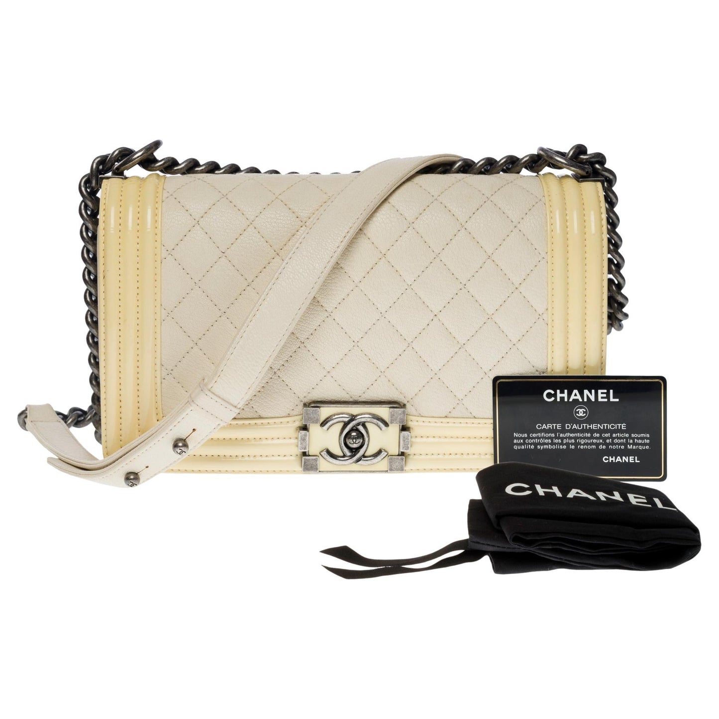 CHANEL Boy medium shoulder bag in beige caviar Yellow patent leather SHW