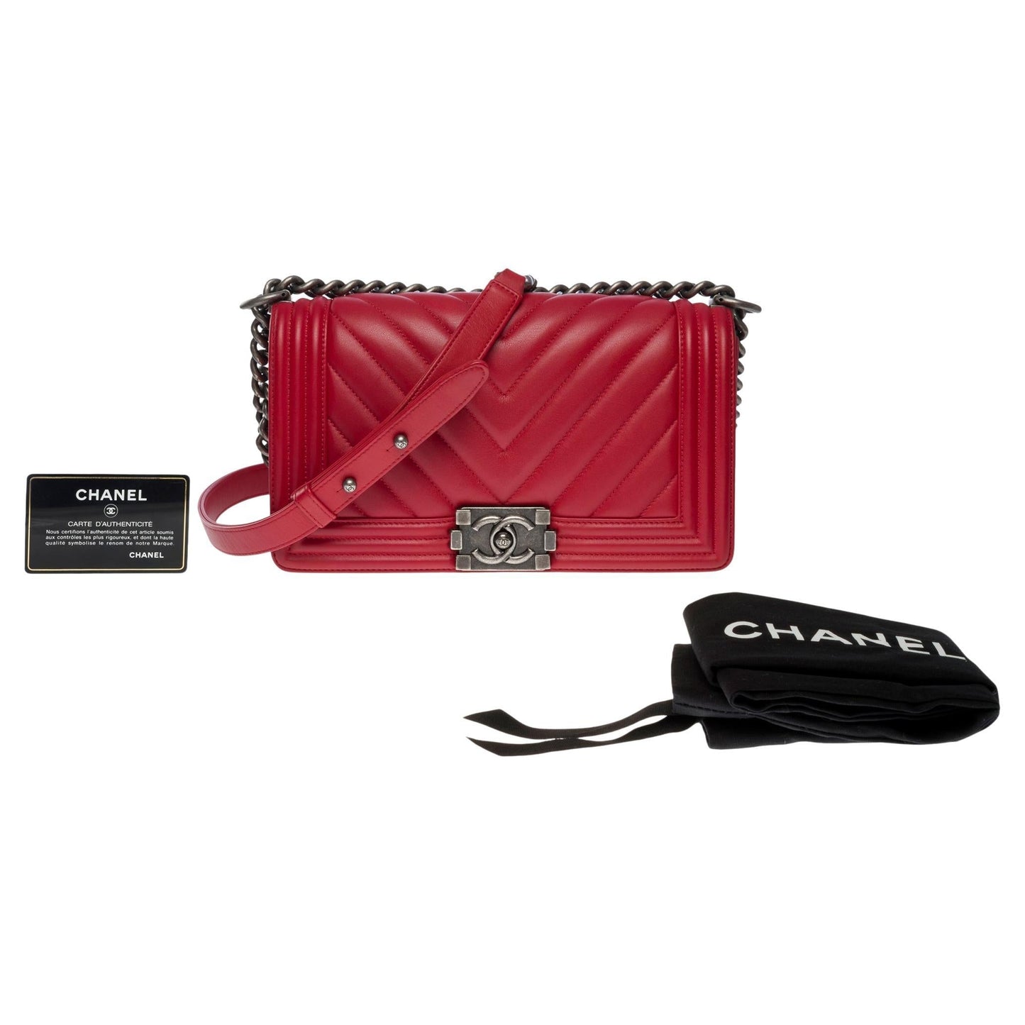 CHANEL Boy Old Medium shoulder bag in red quilted herringbone leather SHW