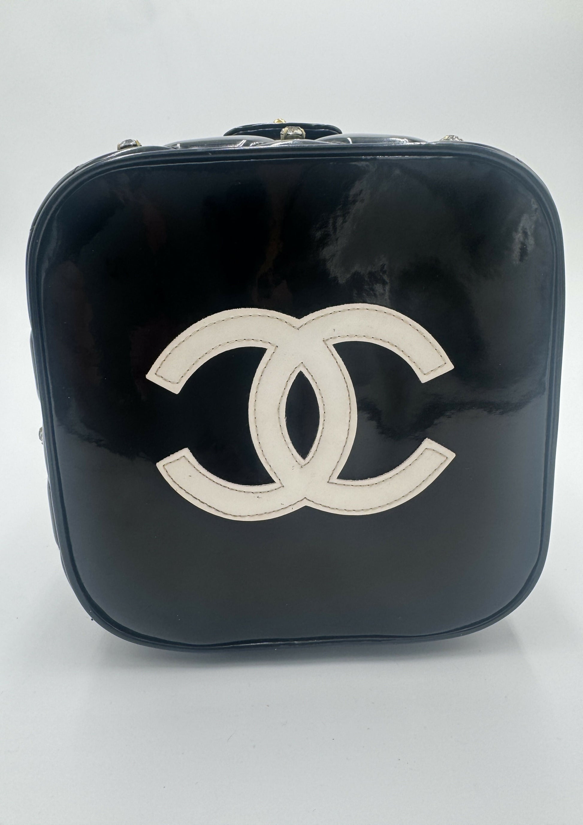 Chanel 1995 Barbie Black Rhinestone Heart-Mirror Vanity Case Bag