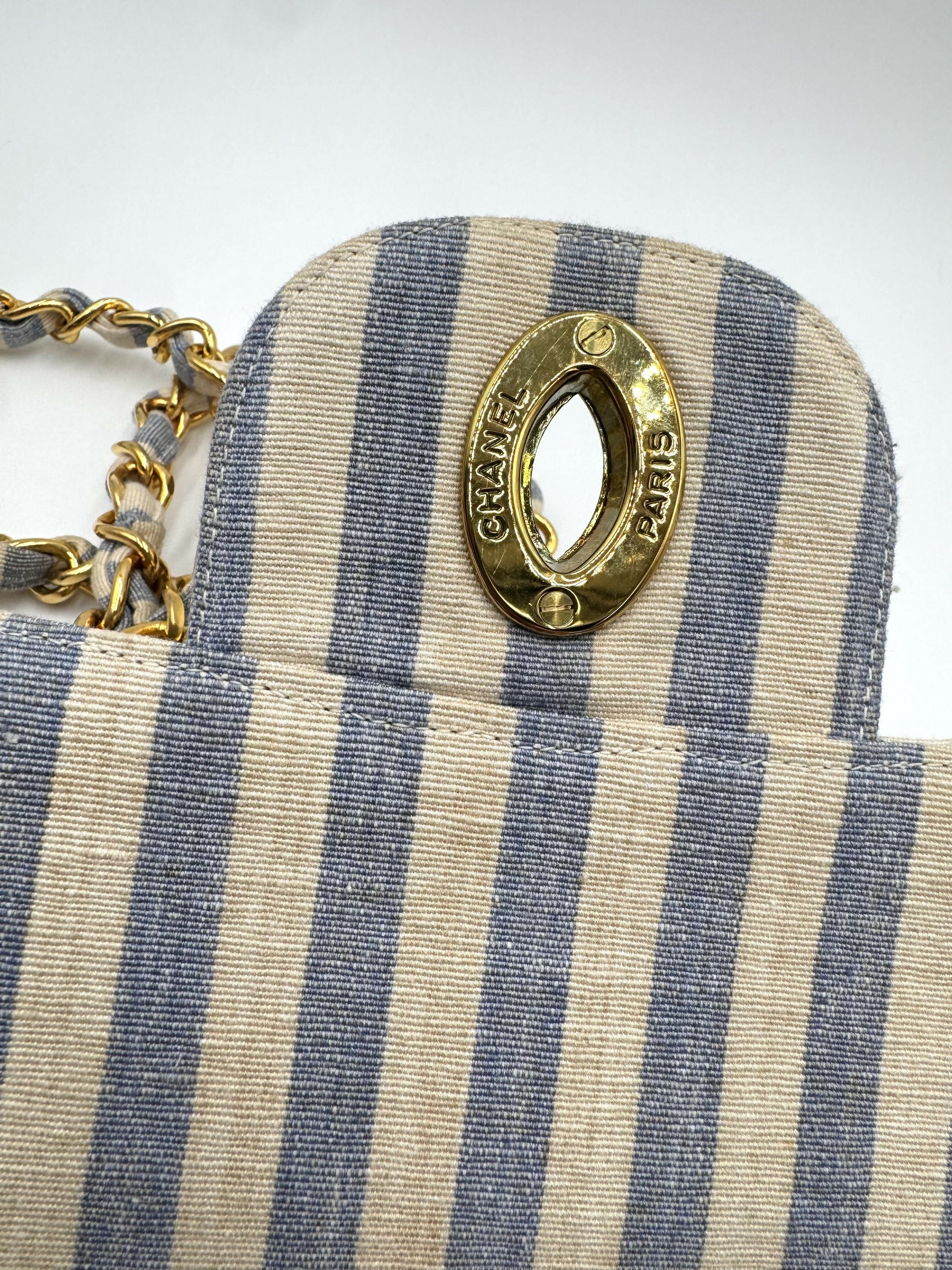 Chanel 1990s Jumbo Blue and White Striped Linen and Cotton Classic Flap Bag