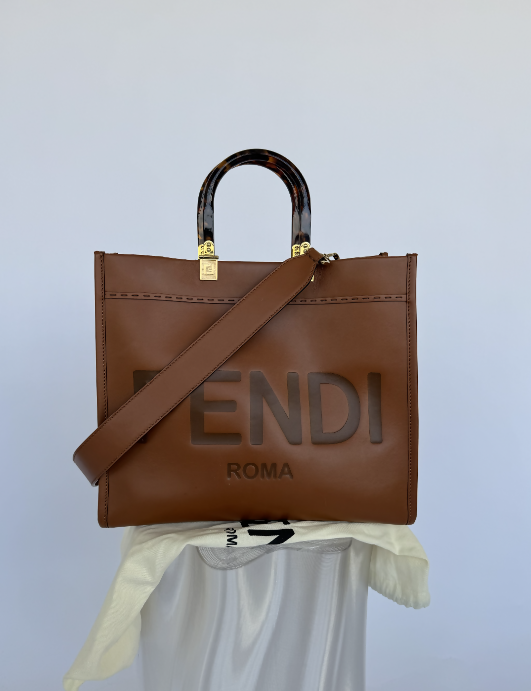 FENDI Sunshine Tote Bag  Cognac Brown Calf Leather