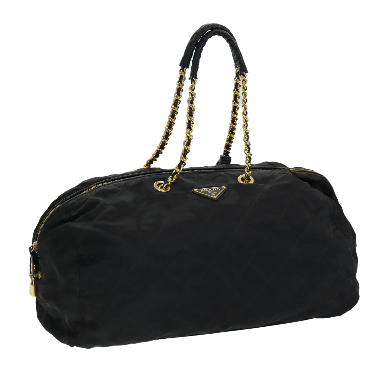 PRADA Quilted Chain Boston Bag Nylon Black Auth