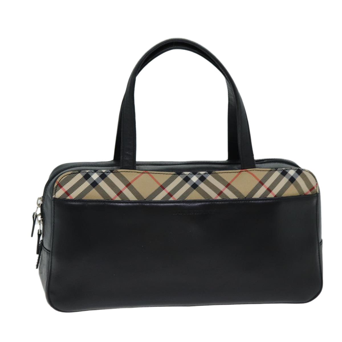 Burberry Nova Check Hand Bag Leather Canvas Black Beige Auth yk13164
