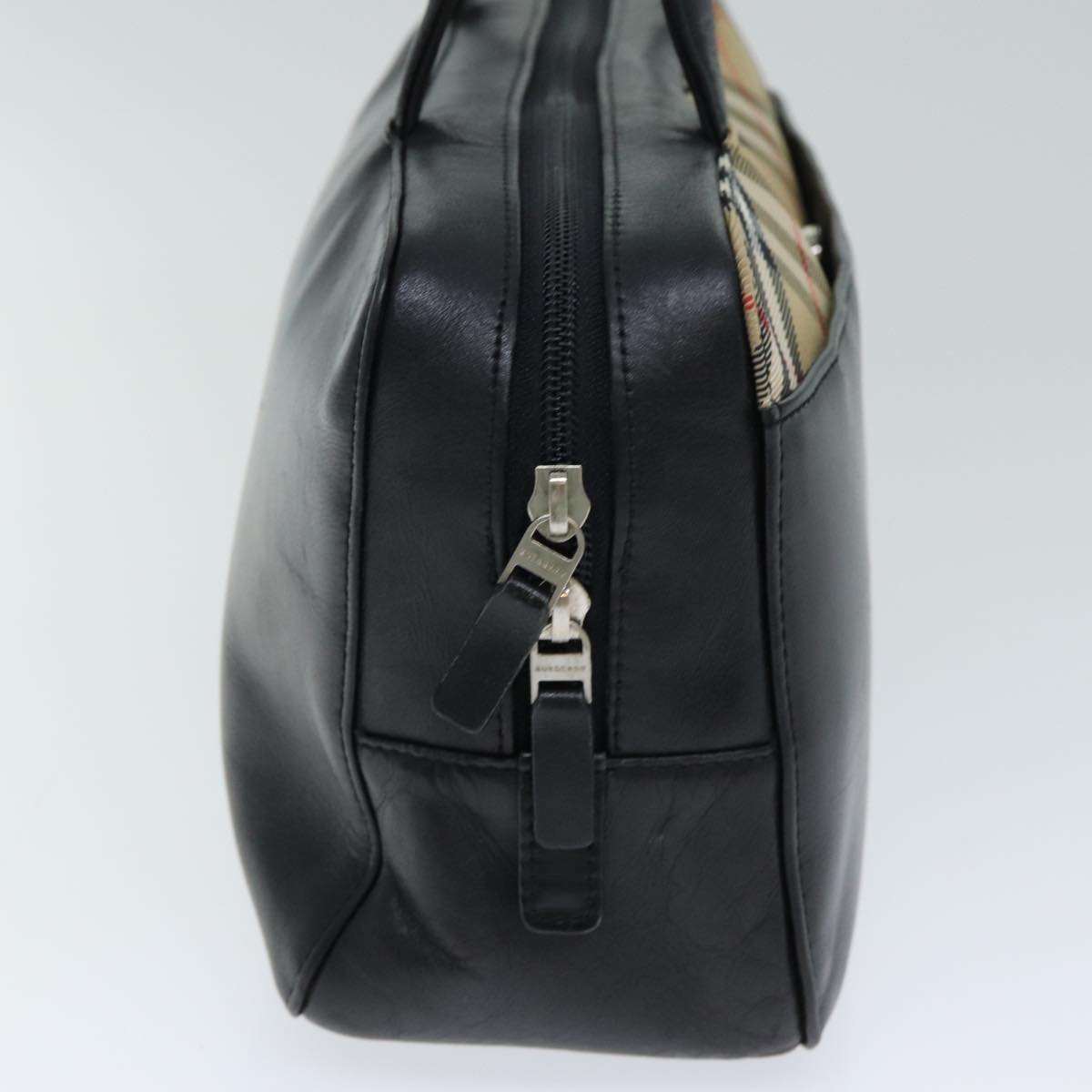 Burberry Nova Check Hand Bag Leather Canvas Black Beige Auth yk13164