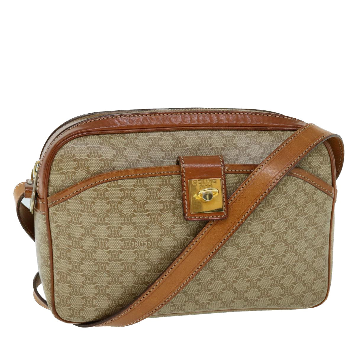 Luxury CELINE Macadam Canvas Shoulder Bag Beige 8593