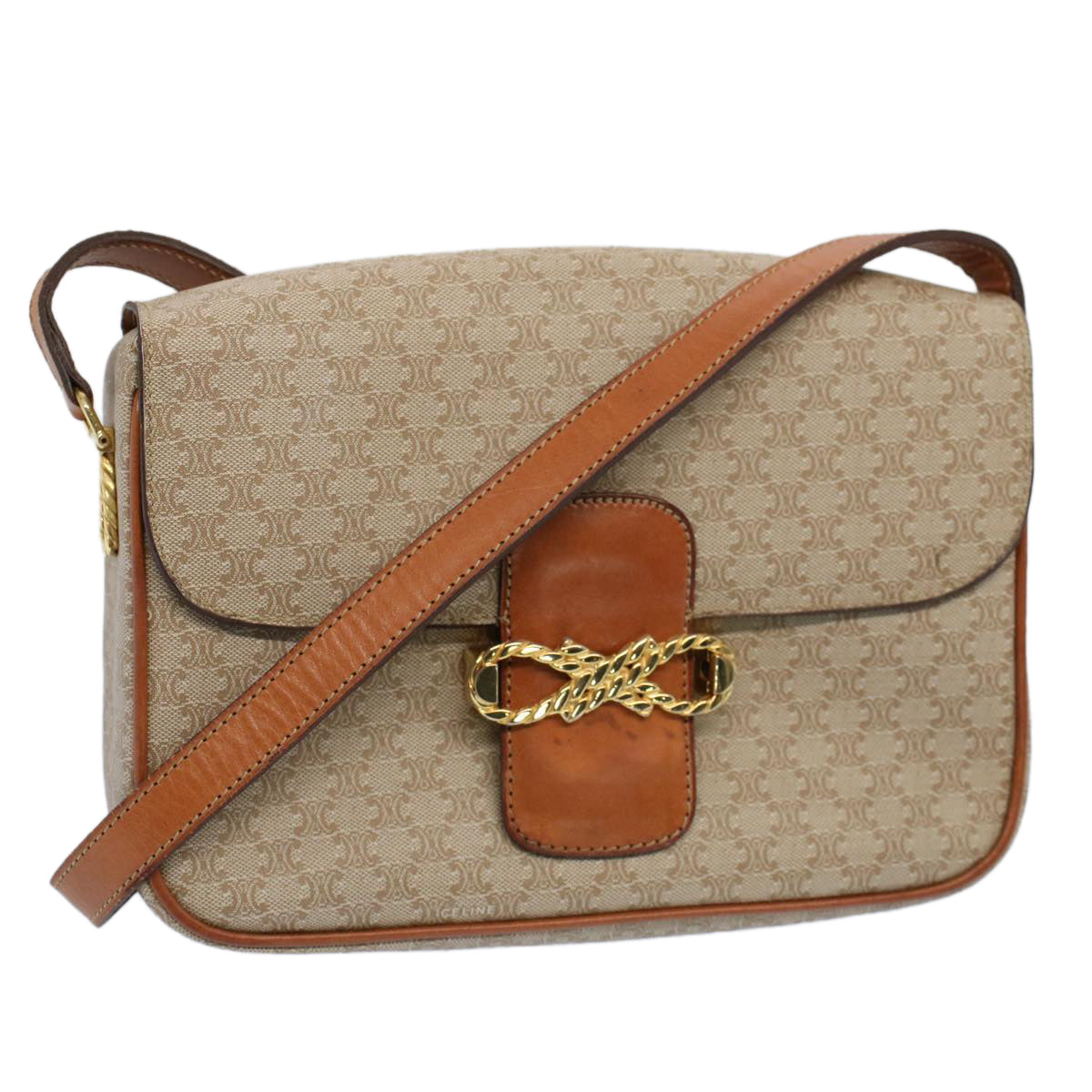 Luxury CELINE Macadam Canvas Shoulder Bag Beige 8964