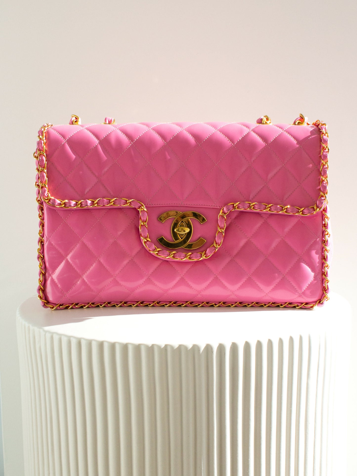 Chanel S/S1995 Barbie Pink 24K Gold Chain Around Patent Lambskin Jumbo XL 95P Bag